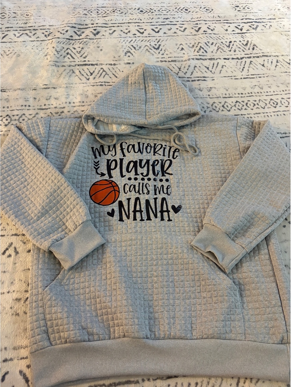 Gray Quilted Hoodie with Basketball Nana Print, Medium